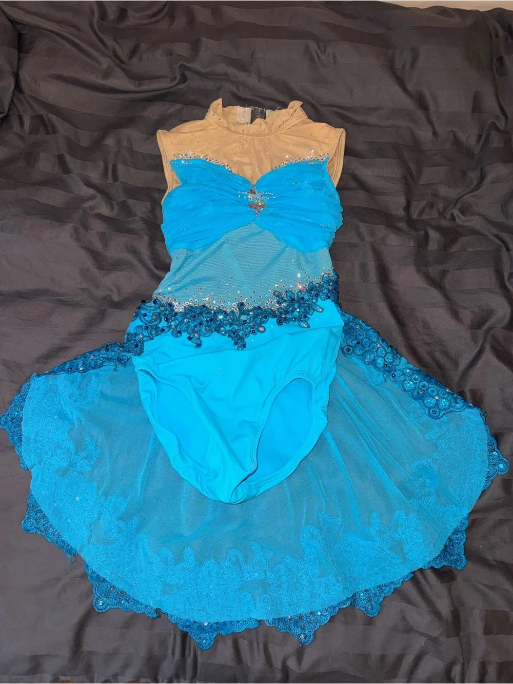 Turquoise Blue Dance/Skating Costume with Nude Mesh Bodice